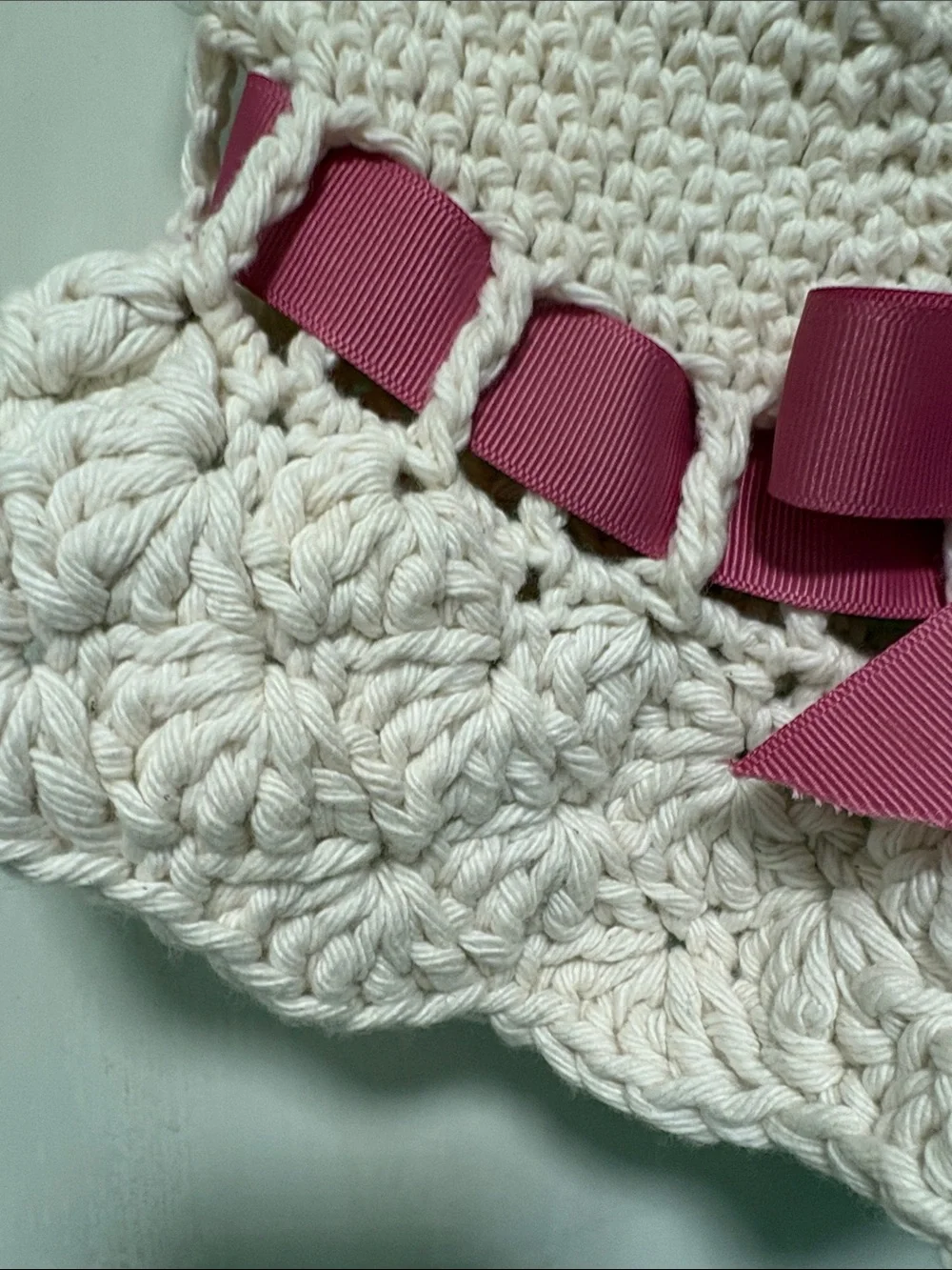 Cream Crochet Sun Hat with Pink Ribbon